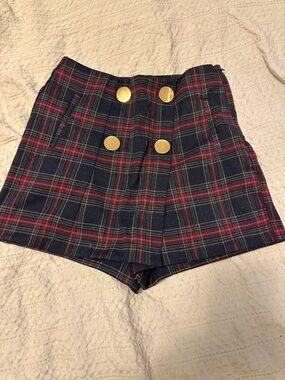 Plaid High-Waist Skirt with Gold Buttons - Navy & Red